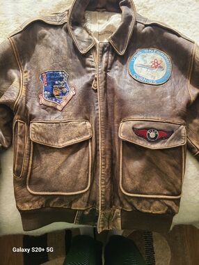 Vintage Brown Leather Flight Jacket with Embroidered Patches